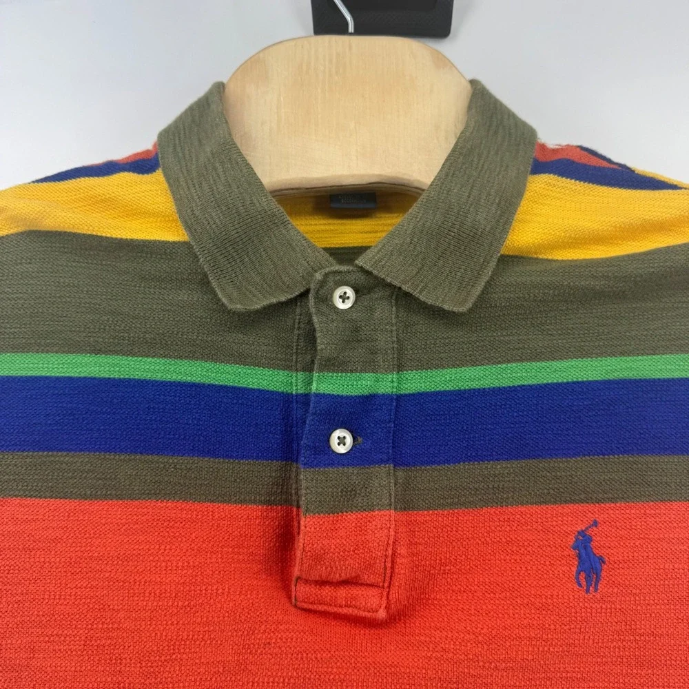 Polo Ralph Lauren Mens Medium Multi Color Striped Pique Cotton Polo Shirt